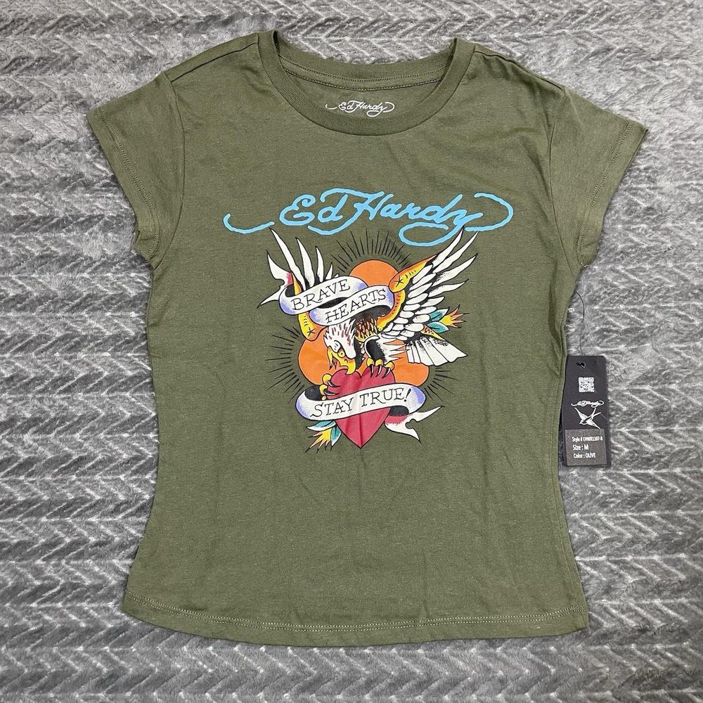 Ed Hardy Shirt Women Medium Green Crew Neck Short Sleeve Tattoo Graphic Crop Top